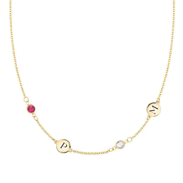 Personalized Classic 2 Letter & 2 Birthstone Necklace in 14k Gold (Double Spacing) sold by Haverhill