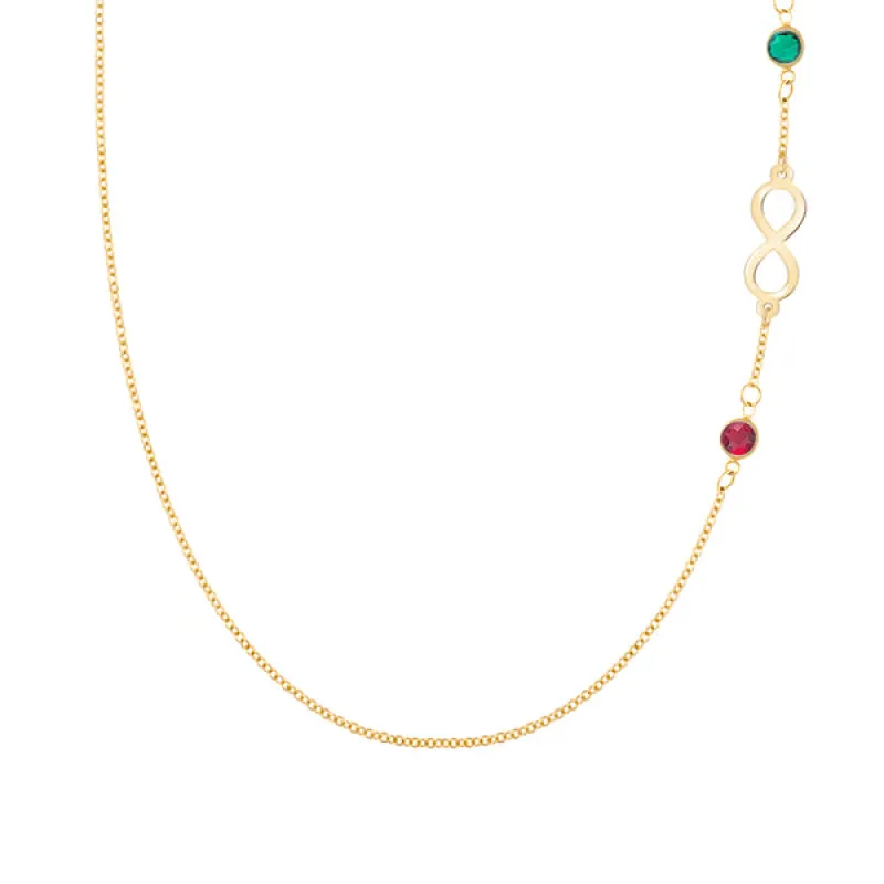 Personalized Classic Infinity & 2 Birthstone Necklace in 14k Gold sold by Haverhill