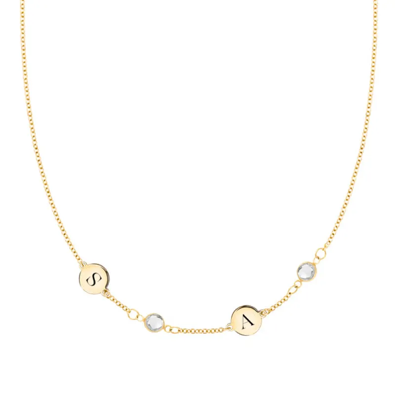 Personalized Classic 2 Letter & 2 Birthstone Necklace in 14k Gold (Single Spacing) sold by Haverhill