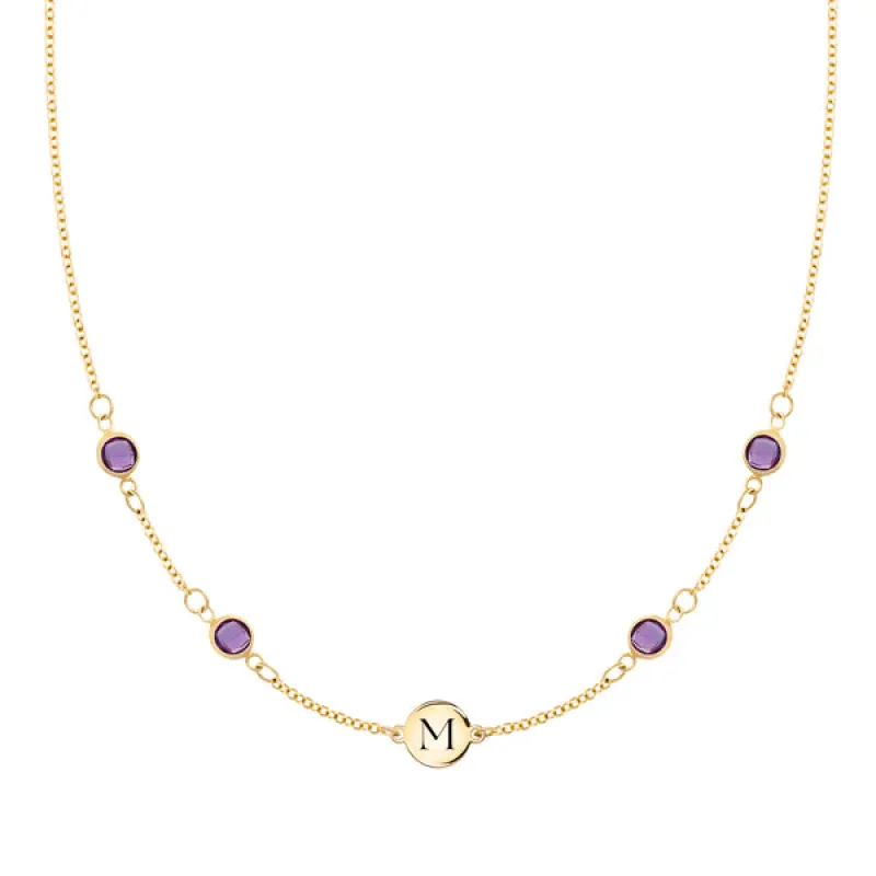 Personalized Classic 1 Letter & 4 Amethyst Necklace in 14k Gold (February) sold by Haverhill