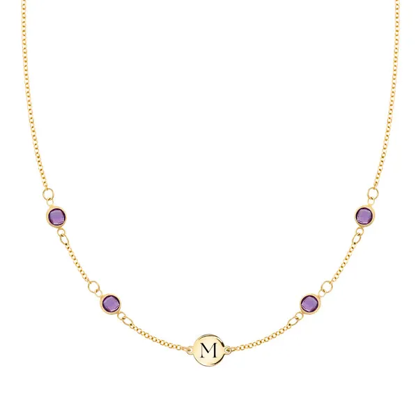 Personalized Classic 1 Letter & 4 Amethyst Necklace in 14k Gold (February) sold by Haverhill