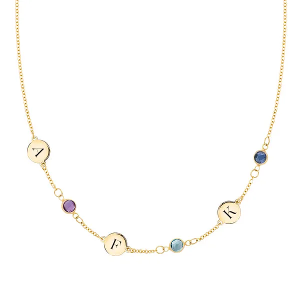 Personalized Classic 3 Letter & 3 Birthstone Necklace in 14k Gold (Single Spacing) sold by Haverhill