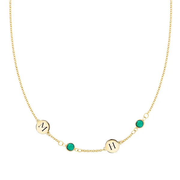 Personalized Classic 2 Letter & 2 Birthstone Necklace in 14k Gold (Single Spacing) sold by Haverhill