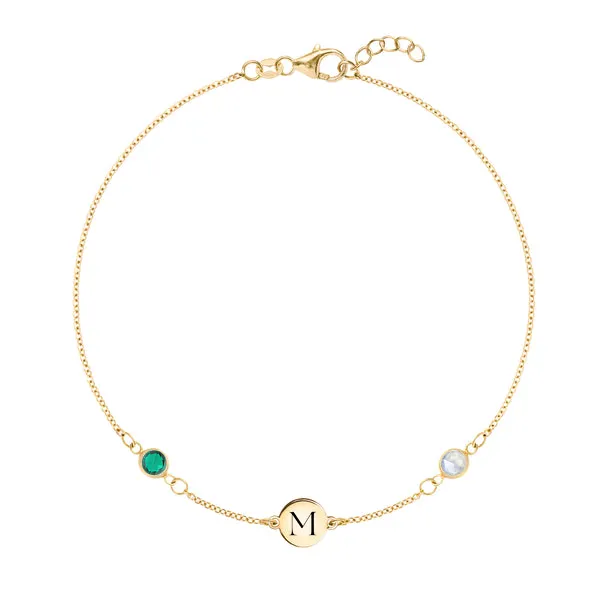 Personalized Classic 1 Letter & 2 Birthstone Bracelet in 14k Gold sold by Haverhill