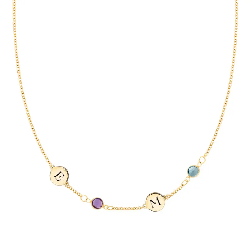 Personalized Classic 2 Letter & 2 Birthstone Necklace in 14k Gold (Single Spacing) sold by Haverhill