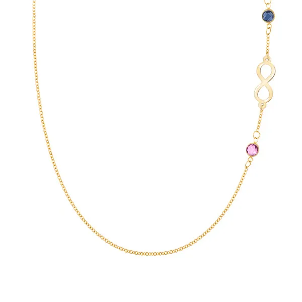 Personalized Classic Infinity & 2 Birthstone Necklace in 14k Gold sold by Haverhill