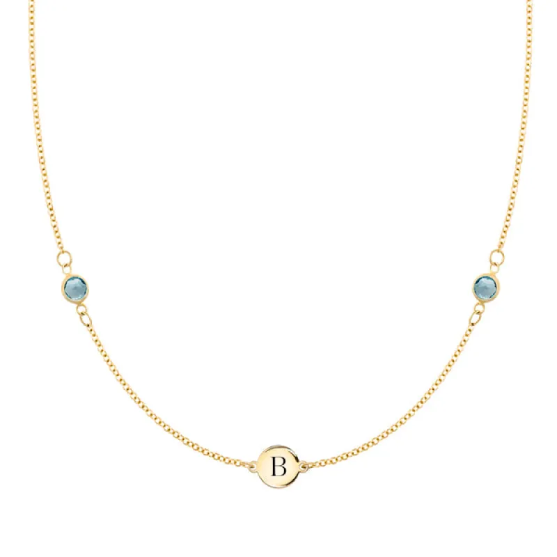 Personalized Classic 1 Letter & 2 Birthstone Necklace in 14k Gold sold by Haverhill