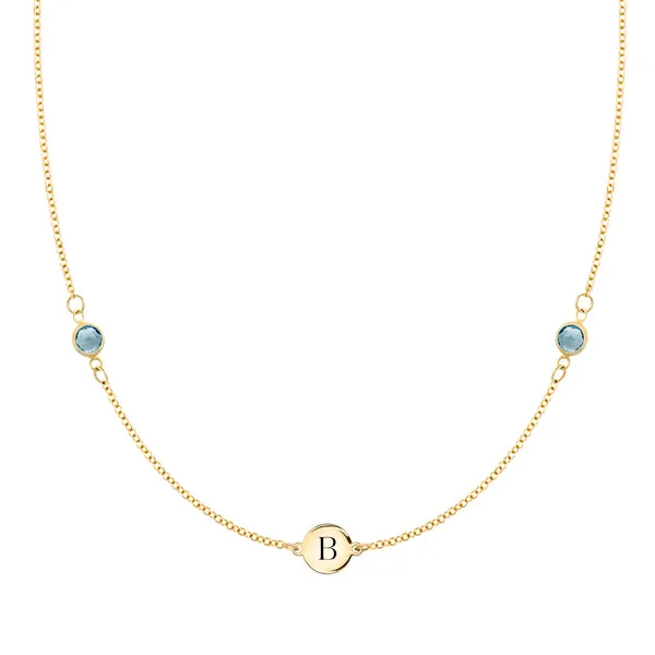 Personalized Classic 1 Letter & 2 Birthstone Necklace in 14k Gold sold by Haverhill