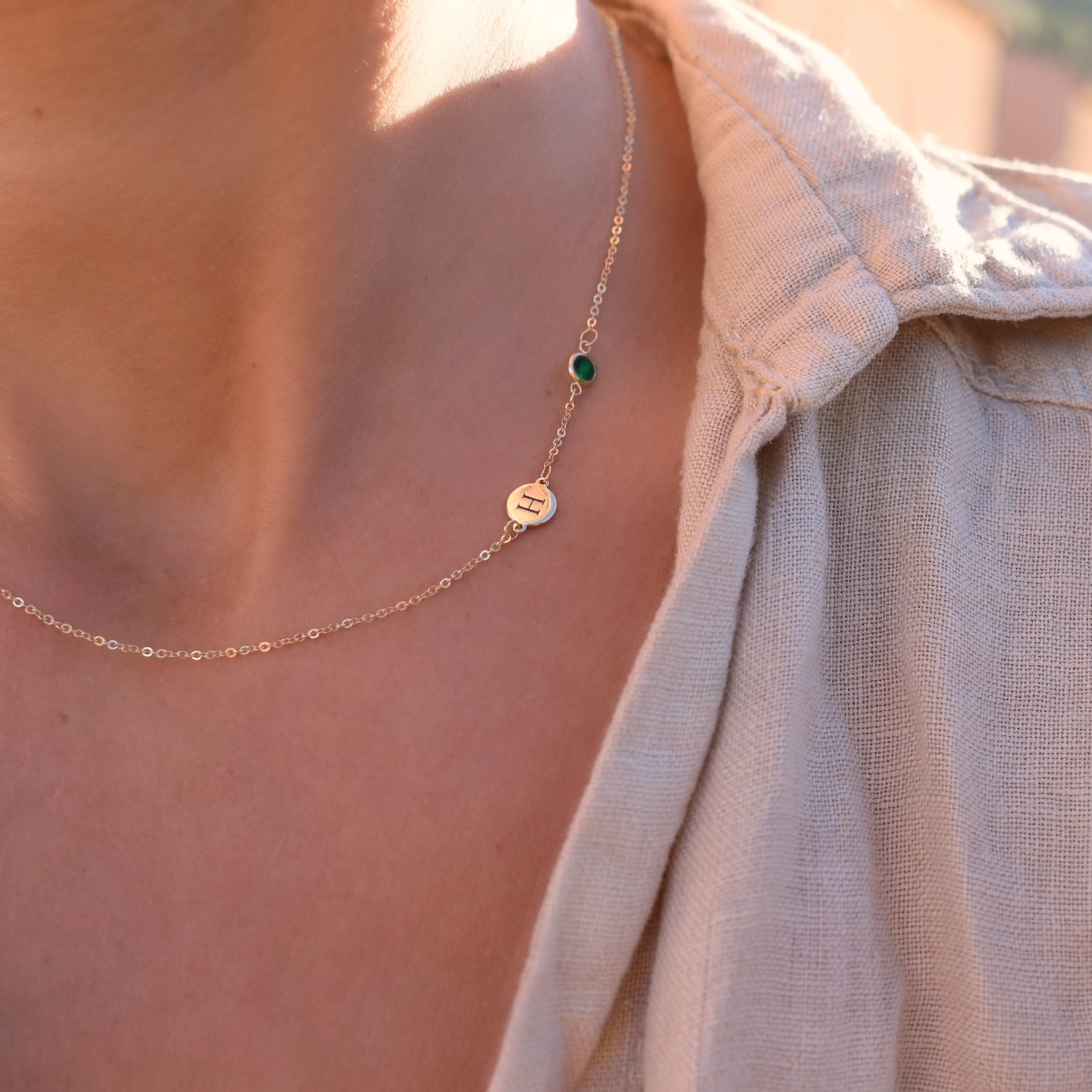 Personalized Classic 1 Letter & 1 Emerald Necklace in 14k Gold (May) sold by Haverhill product image thumbnail 3
