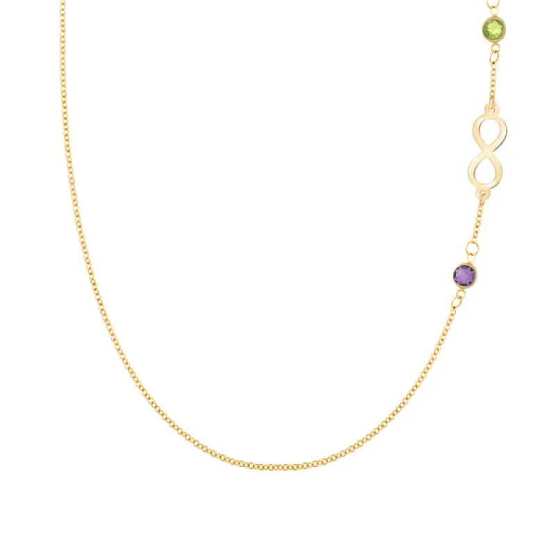 Personalized Classic Infinity & 2 Birthstone Necklace in 14k Gold sold by Haverhill