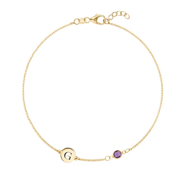 Personalized Classic 1 Letter & 1 Amethyst Bracelet in 14k Gold (February) sold by Haverhill