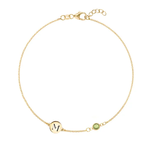 Personalized Classic 1 Letter & 1 Peridot Bracelet in 14k Gold (August) sold by Haverhill