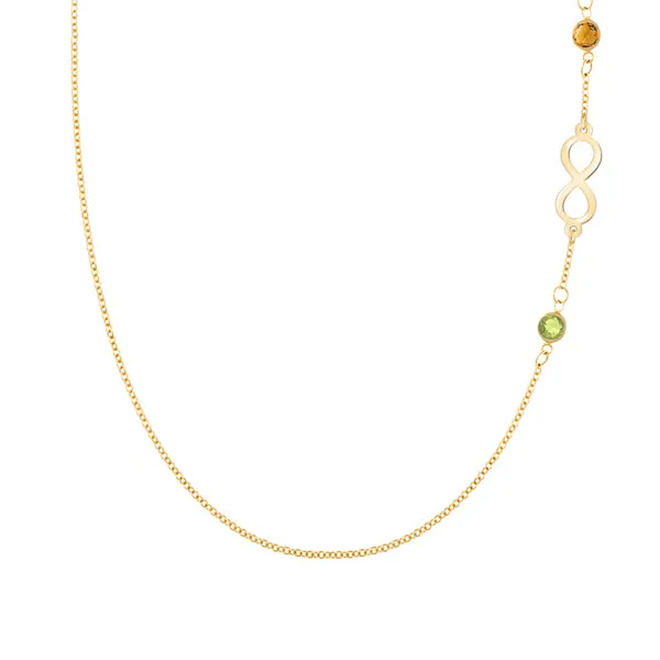 Personalized Classic Infinity & 2 Birthstone Necklace in 14k Gold sold by Haverhill