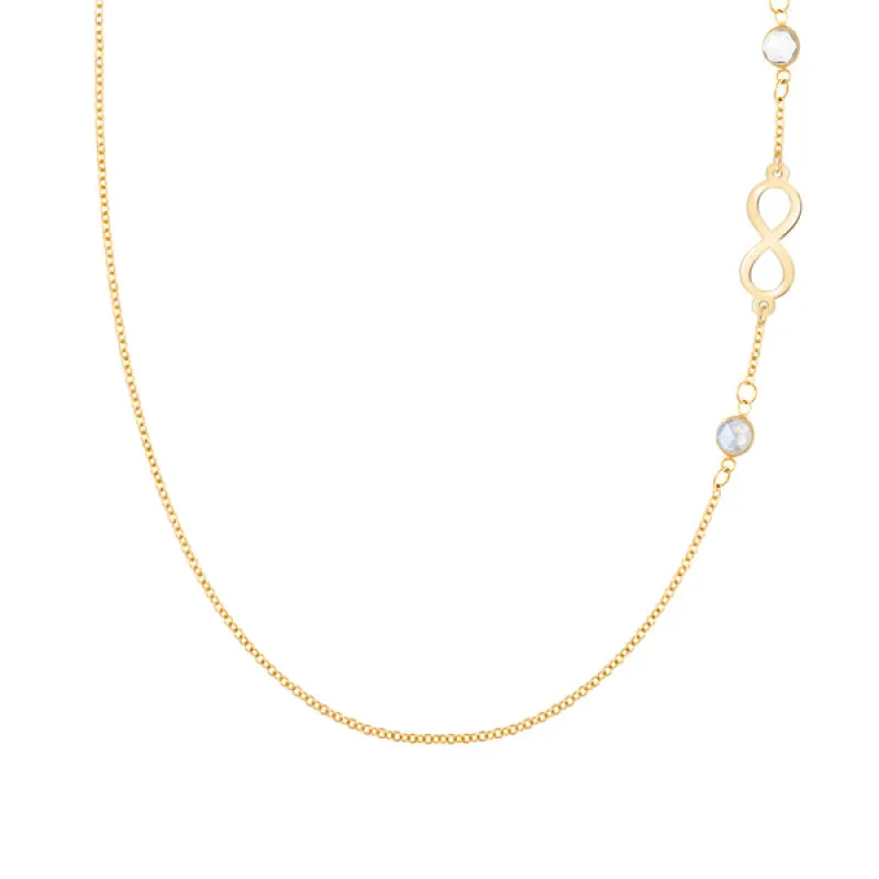 Personalized Classic Infinity & 2 Birthstone Necklace in 14k Gold sold by Haverhill
