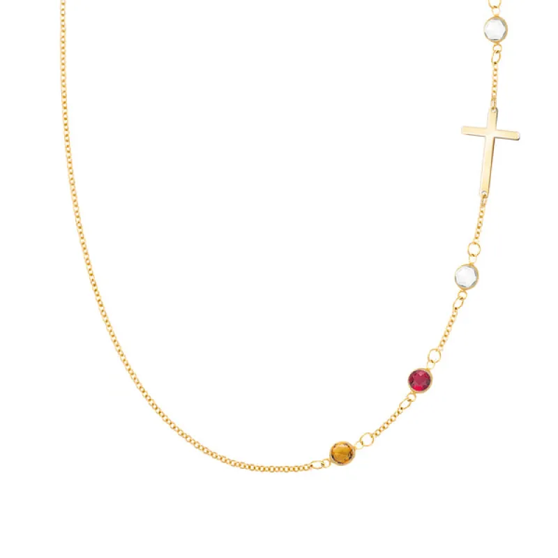 Personalized Classic Cross & 4 Birthstone Necklace in 14k Gold sold by Haverhill