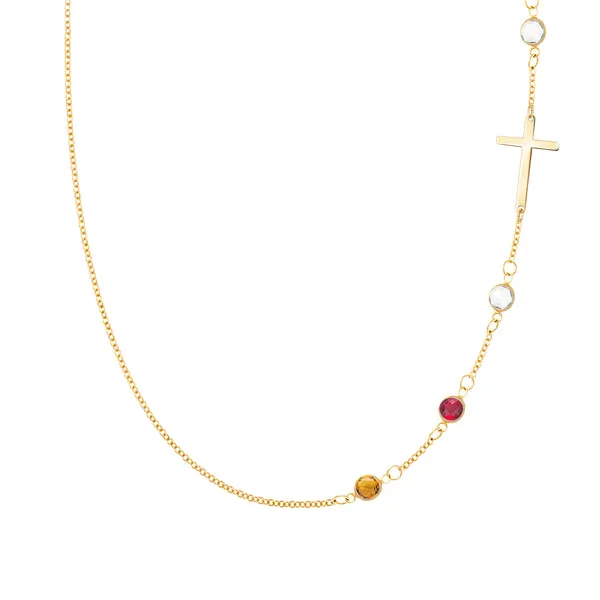 Personalized Classic Cross & 4 Birthstone Necklace in 14k Gold sold by Haverhill