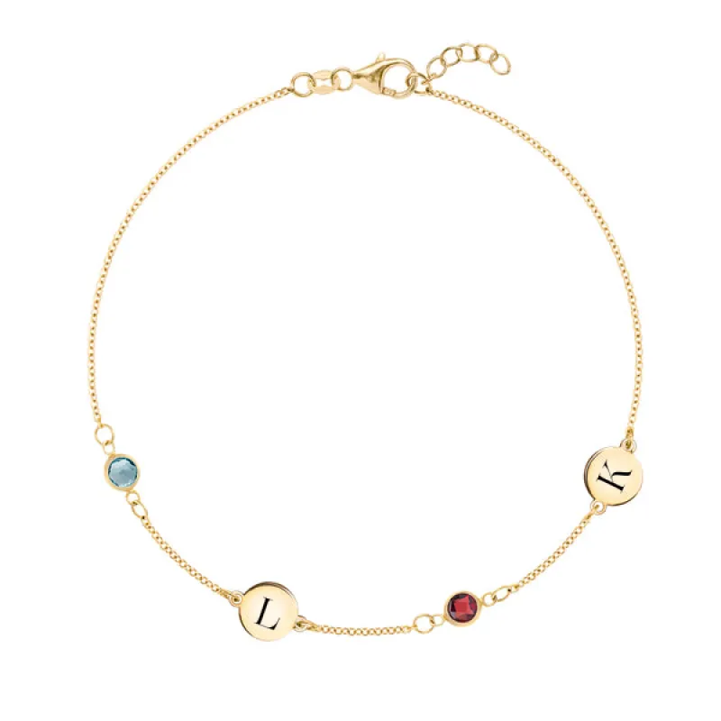 Personalized Classic 2 Letter & 2 Birthstone Bracelet in 14k Gold sold by Haverhill