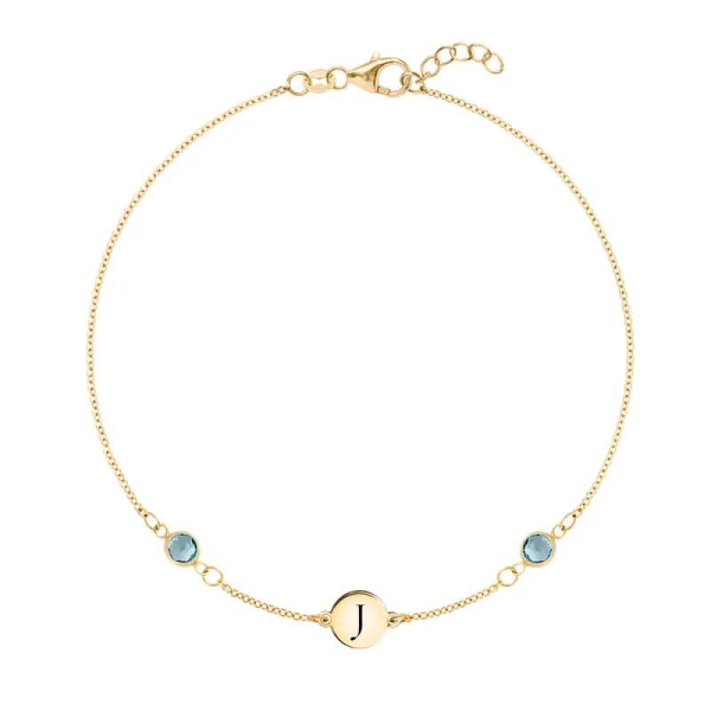 Personalized Classic 1 Letter & 2 Birthstone Bracelet in 14k Gold sold by Haverhill