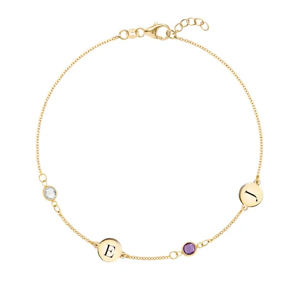 Personalized Classic 2 Letter & 2 Birthstone Bracelet in 14k Gold sold by Haverhill