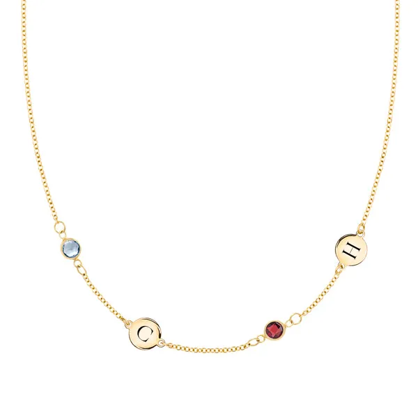 Personalized Classic 2 Letter & 2 Birthstone Necklace in 14k Gold (Double Spacing) sold by Haverhill