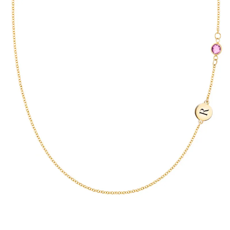 Personalized Classic 1 Letter & 1 Pink Sapphire Necklace in 14k Gold (October) sold by Haverhill