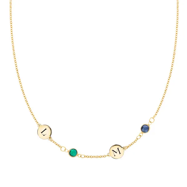 Personalized Classic 2 Letter & 2 Birthstone Necklace in 14k Gold (Single Spacing) sold by Haverhill