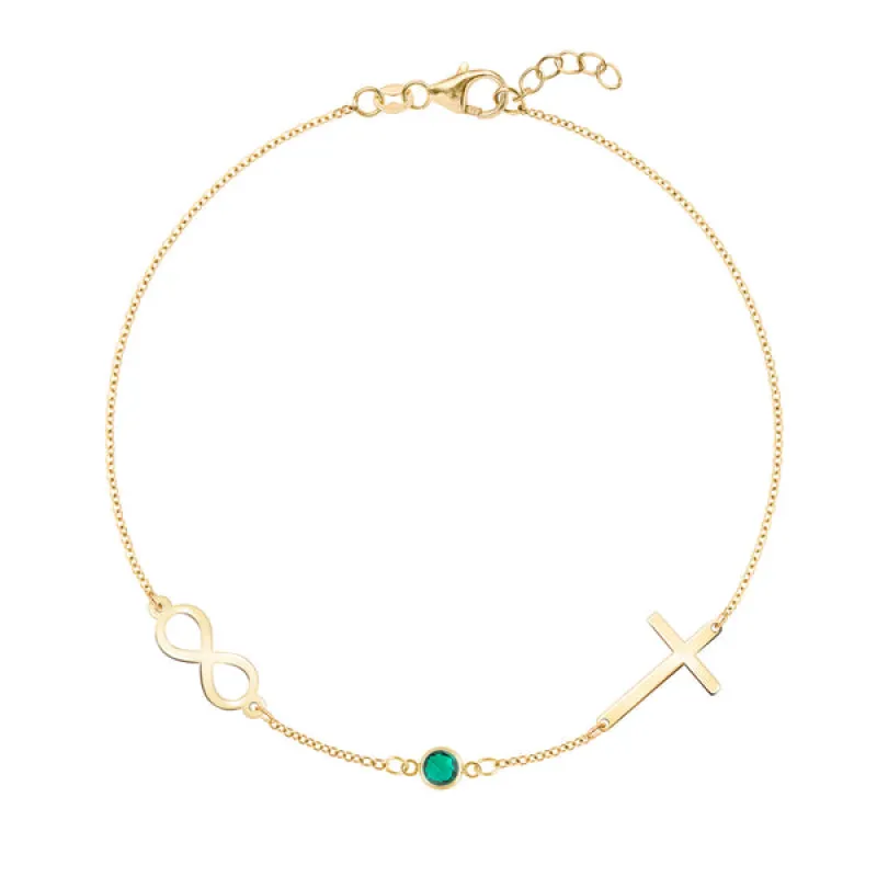 Personalized Classic Infinity & Cross with 1 Birthstone Bracelet in 14k Gold sold by Haverhill
