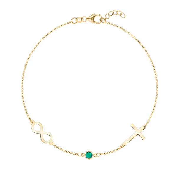 Personalized Classic Infinity & Cross with 1 Birthstone Bracelet in 14k Gold sold by Haverhill