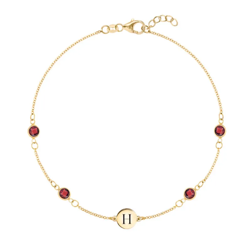 Personalized Classic 1 Letter & 4 Garnet Bracelet in 14k Gold (January) sold by Haverhill