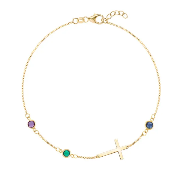 Personalized Classic Cross & 3 Birthstone Bracelet in 14k Gold sold by Haverhill