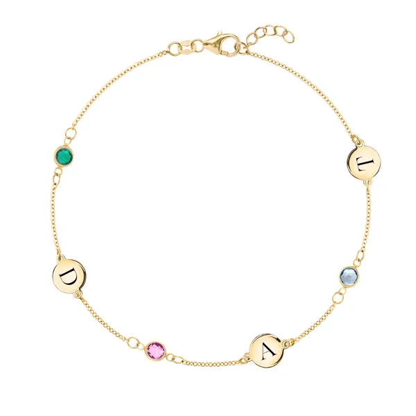 Personalized Classic 3 Letter & 3 Birthstone Bracelet in 14k Gold sold by Haverhill