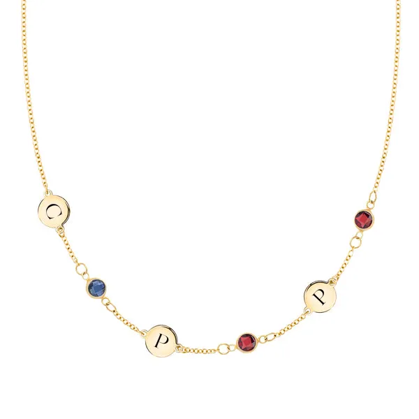Personalized Classic 3 Letter & 3 Birthstone Necklace in 14k Gold (Single Spacing) sold by Haverhill