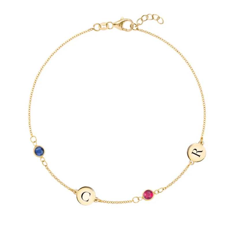 Personalized Classic 2 Letter & 2 Birthstone Bracelet in 14k Gold sold by Haverhill