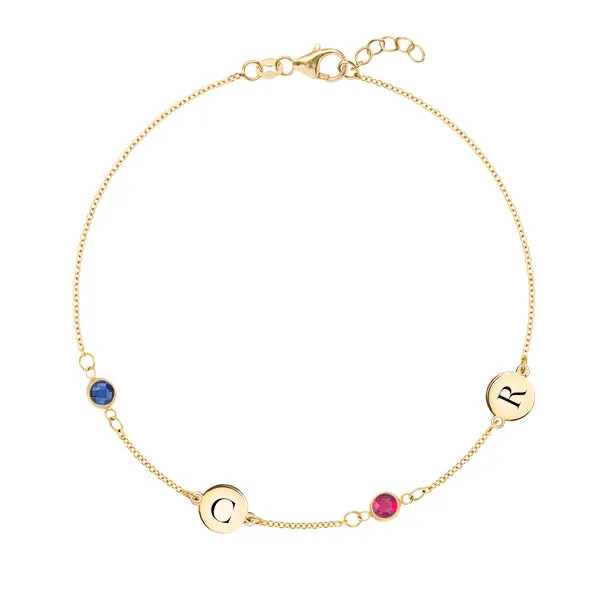 Personalized Classic 2 Letter & 2 Birthstone Bracelet in 14k Gold sold by Haverhill