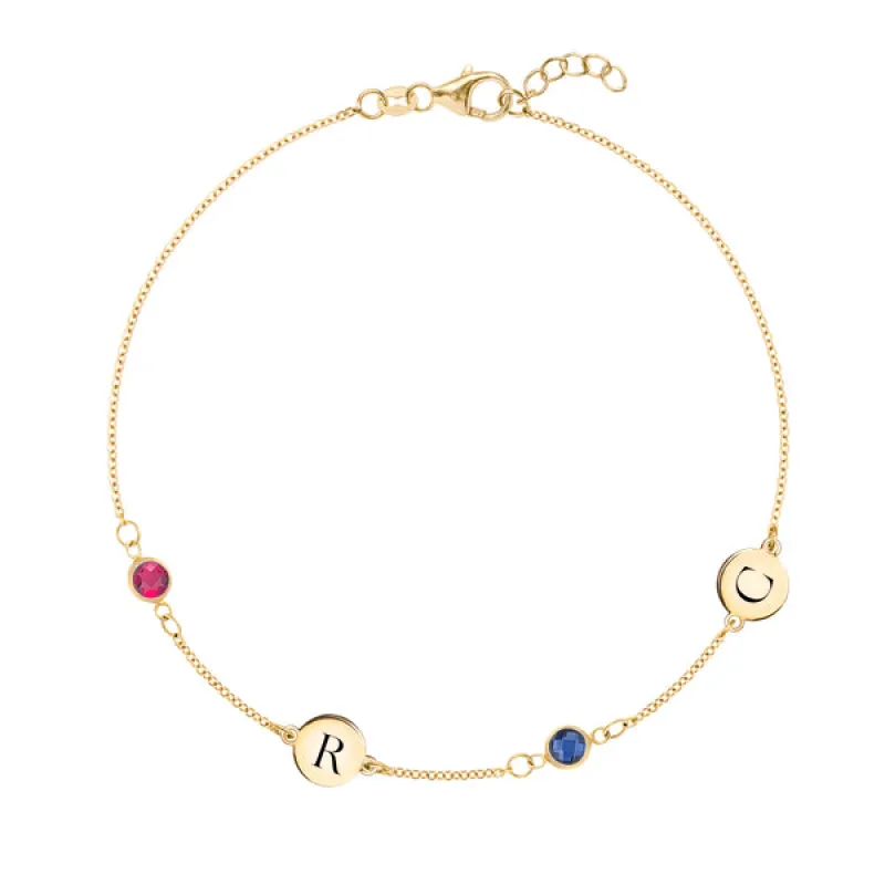 Personalized Classic 2 Letter & 2 Birthstone Bracelet in 14k Gold sold by Haverhill