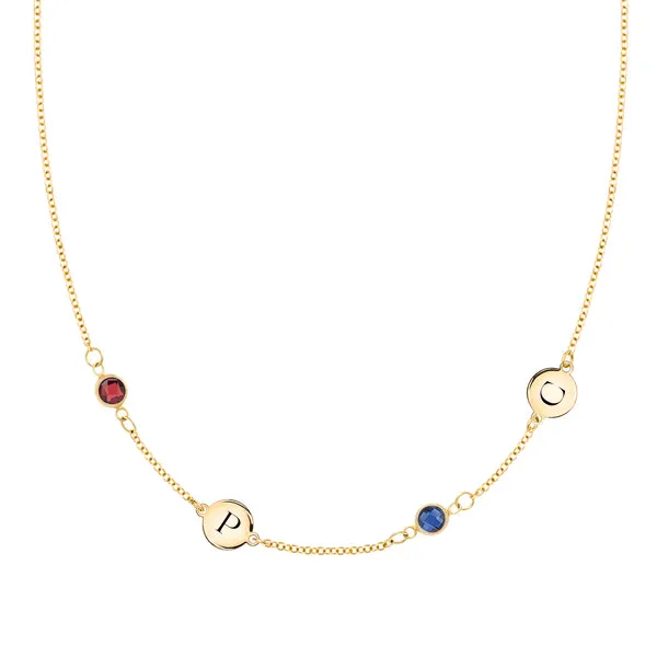 Personalized Classic 2 Letter & 2 Birthstone Necklace in 14k Gold (Double Spacing) sold by Haverhill