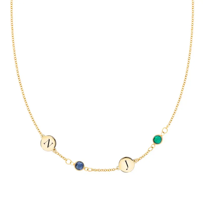 Personalized Classic 2 Letter & 2 Birthstone Necklace in 14k Gold (Single Spacing) sold by Haverhill