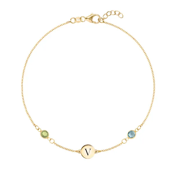 Personalized Classic 1 Letter & 2 Birthstone Bracelet in 14k Gold sold by Haverhill