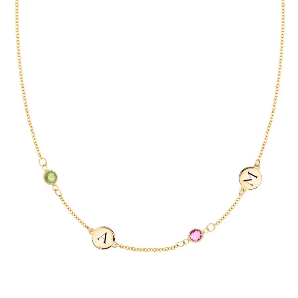 Personalized Classic 2 Letter & 2 Birthstone Necklace in 14k Gold (Double Spacing) sold by Haverhill