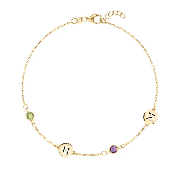 Personalized Classic 2 Letter & 2 Birthstone Bracelet in 14k Gold sold by Haverhill