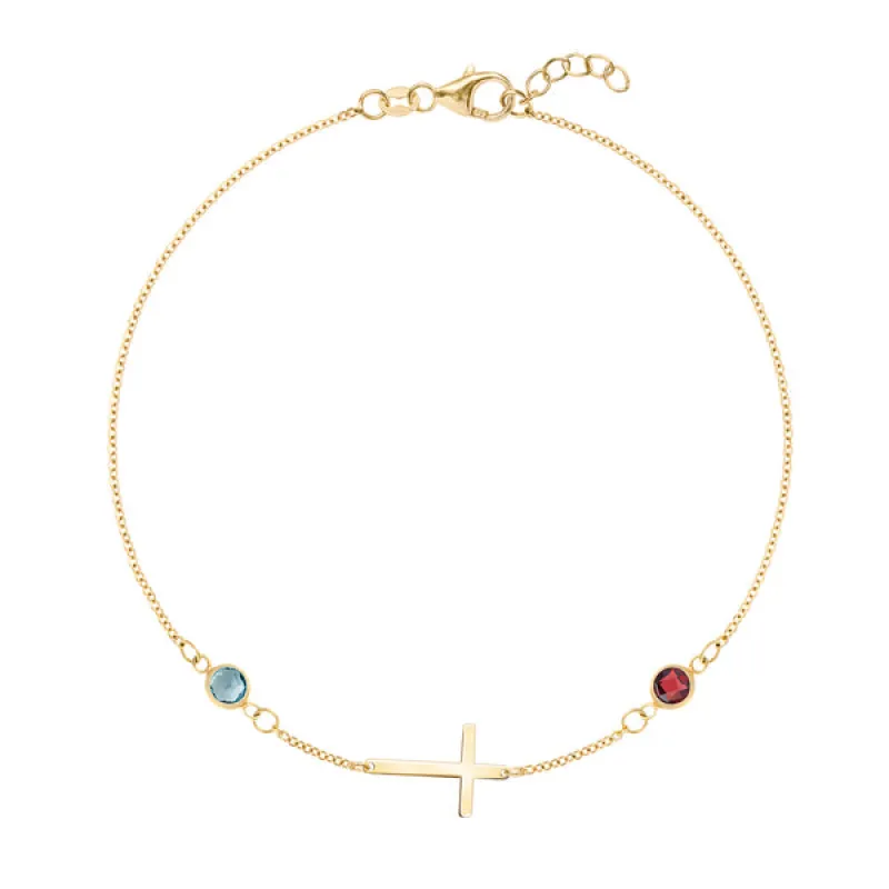 Personalized Classic Cross & 2 Birthstone Bracelet in 14k Gold sold by Haverhill