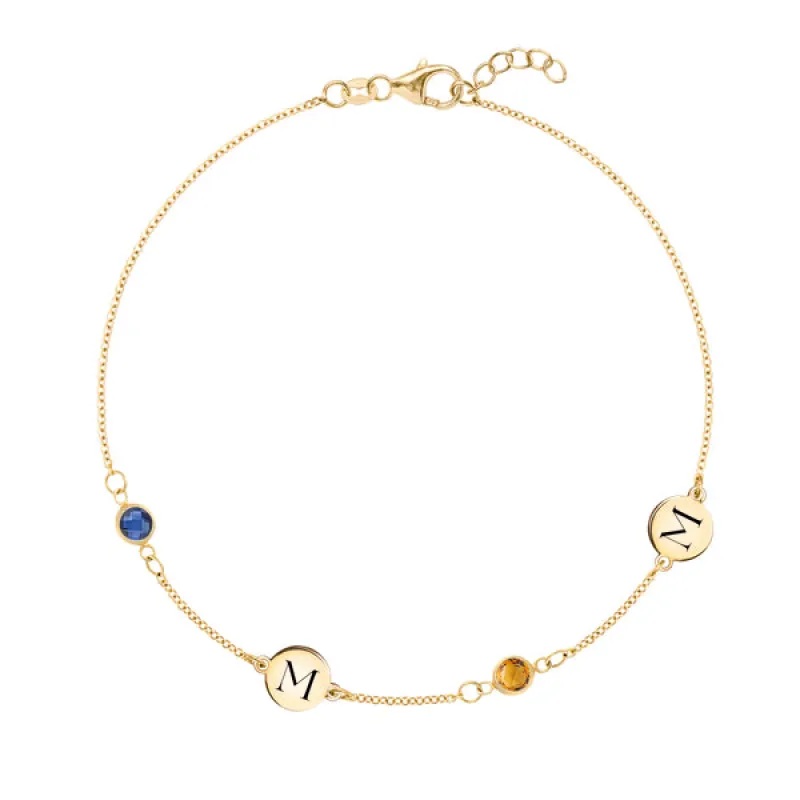 Personalized Classic 2 Letter & 2 Birthstone Bracelet in 14k Gold sold by Haverhill
