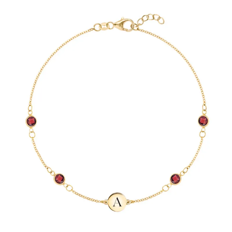 Personalized Classic 1 Letter & 4 Garnet Bracelet in 14k Gold (January) sold by Haverhill