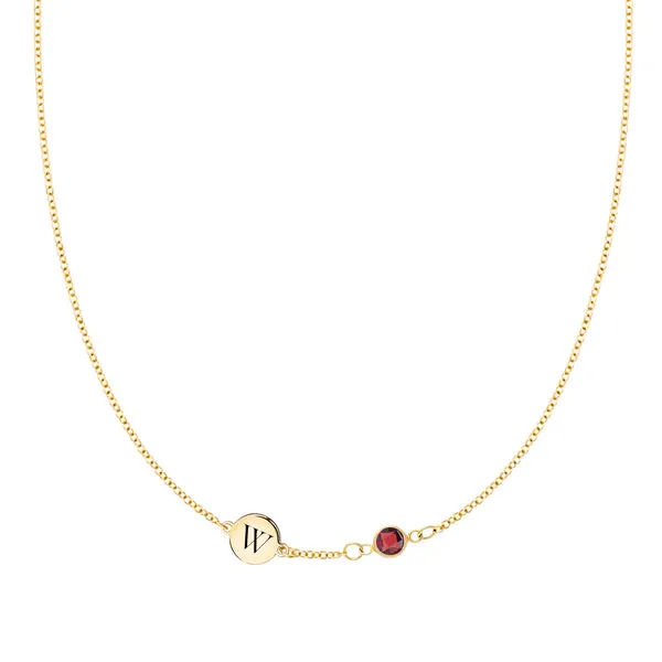 Personalized Classic 1 Letter & 1 Birthstone Necklace in 14k Gold (Single Spacing) sold by Haverhill