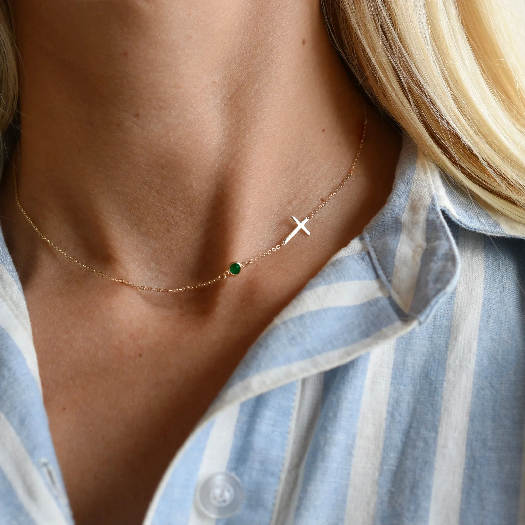 Personalized Classic Cross & 1 Birthstone Necklace in 14k Gold sold by Haverhill product image thumbnail 2
