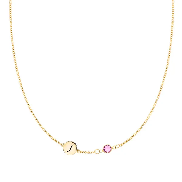 Personalized Classic 1 Letter & 1 Birthstone Necklace in 14k Gold (Single Spacing) sold by Haverhill