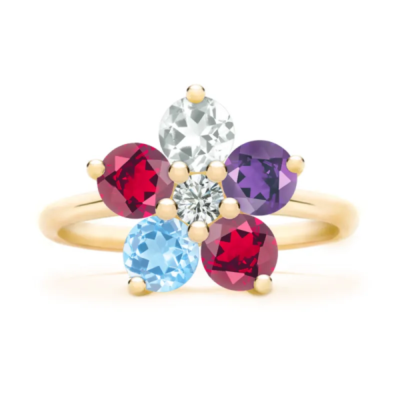 Personalized Greenwich Flower Birthstone & Diamond Ring in 14k Gold sold by Haverhill