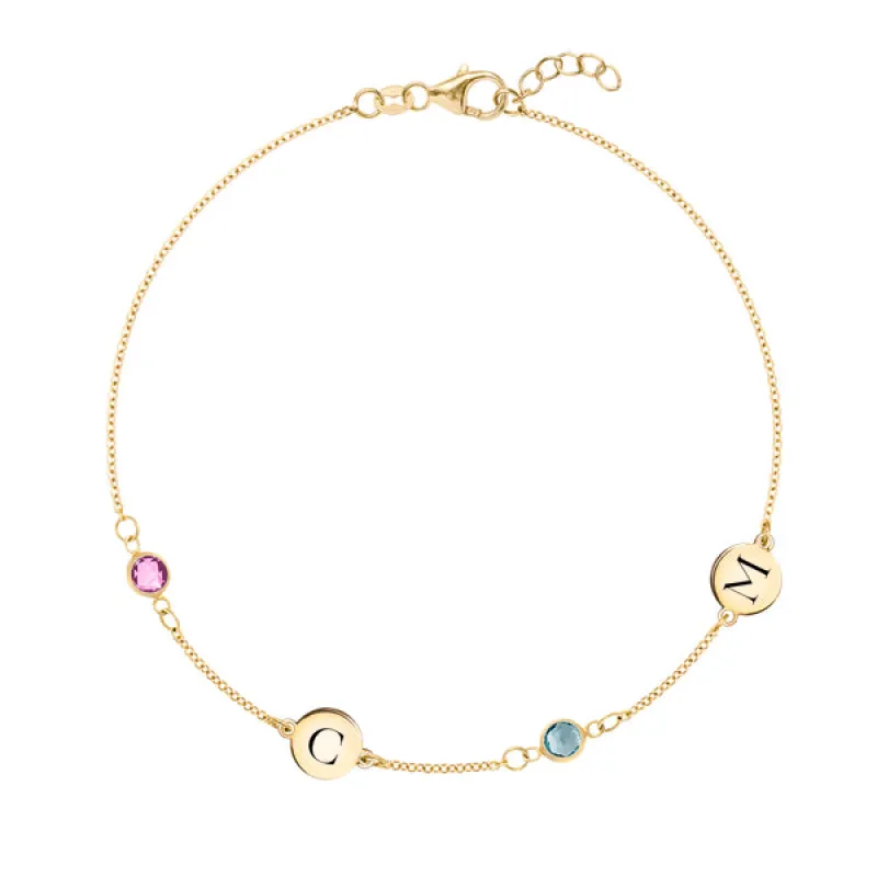 Personalized Classic 2 Letter & 2 Birthstone Bracelet in 14k Gold sold by Haverhill