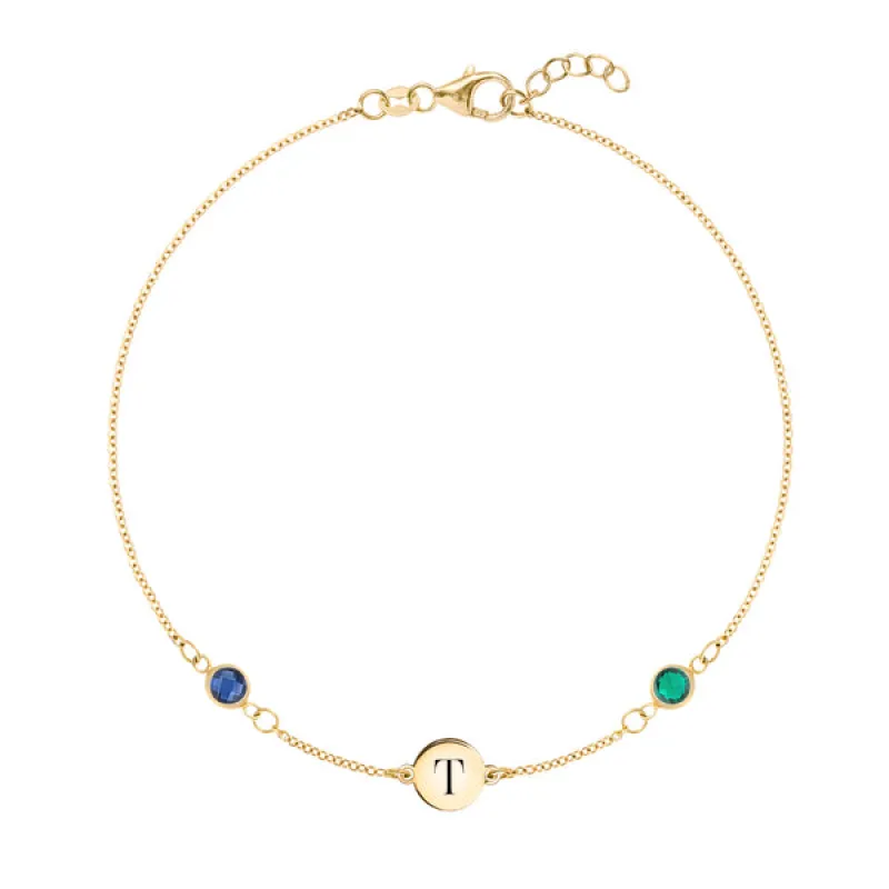 Personalized Classic 1 Letter & 2 Birthstone Bracelet in 14k Gold sold by Haverhill