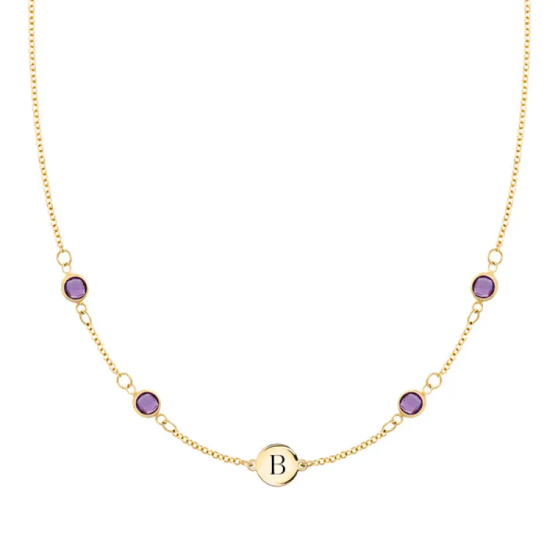 Personalized Classic 1 Letter & 4 Amethyst Necklace in 14k Gold (February) sold by Haverhill